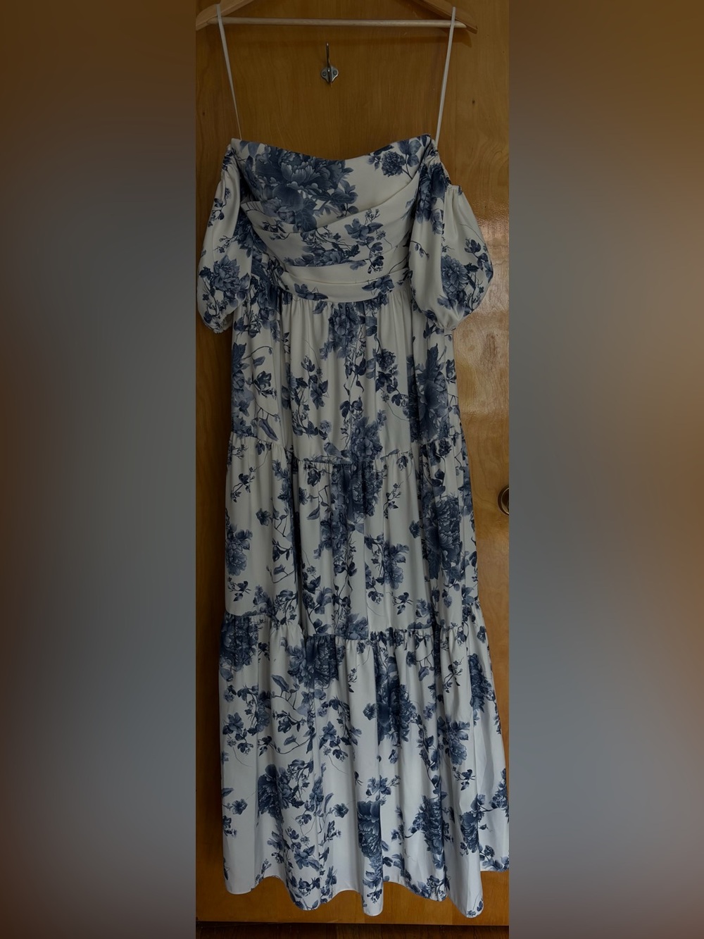 Jenny Yoo White Maxi Dress with Blue Floral Print